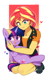 Size: 1697x2691 | Tagged: safe, artist:maren, sunset shimmer, twilight sparkle, alicorn, pony, equestria girls, equestria girls series, g4, boots, clothes, color outline, cute, duo, female, geode of empathy, heart, high heel boots, holding a pony, legs, magical geodes, mare, miniskirt, open mouth, shoes, simple background, skirt, smiling, square crossover, thighs, twiabetes, twilight sparkle (alicorn), white background
