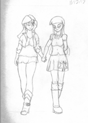 Size: 2128x2979 | Tagged: safe, artist:thiccenthusiast, sunset shimmer, twilight sparkle, equestria girls, g4, female, high res, holding hands, lesbian, looking at each other, pencil drawing, ship:sunsetsparkle, shipping, sketch, traditional art