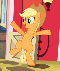 Size: 751x895 | Tagged: safe, screencap, applejack, earth pony, pony, g4, pinkie apple pie, bipedal, cropped, cute, female, happy, hooves in air, jackabetes, mare, smiling, sweet apple acres