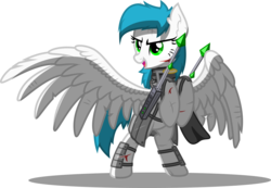 Size: 9953x6869 | Tagged: safe, artist:zylgchs, oc, oc only, oc:cynosura, pegasus, pony, fallout equestria, absurd resolution, armor, battle saddle, bipedal, blood, clothes, dashite, ear fluff, energy weapon, fanfic, fanfic art, female, gun, hooves, injured, large wings, magical energy weapon, mare, novasurge rifle, open mouth, rearing, scarf, scratches, simple background, solo, spread wings, transparent background, vector, weapon, wings
