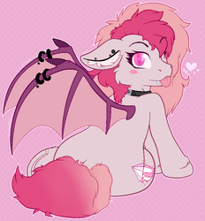 Size: 874x940 | Tagged: safe, artist:thanu, oc, oc only, oc:candy quartz, bat pony, pony, :p, bat pony oc, blushing, collar, color outline, cute, ear piercing, fangs, female, fluffy, heart, heart eyes, piercing, shaved mane, silly, simple background, sitting, solo, tongue out, two toned mane, two toned wings, underhoof, wing piercing, wingding eyes, wings