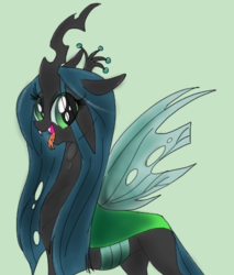 Size: 1022x1200 | Tagged: source needed, safe, artist:zigragirl, queen chrysalis, changeling, changeling queen, g4, cute, cutealis, cuteling, fangs, female, floppy ears, happy, looking at you, simple background, solo, tongue out, traditional art, wings