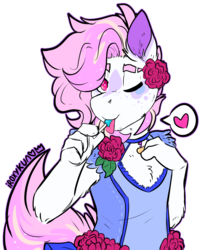 Size: 1921x2372 | Tagged: safe, artist:php166, oc, oc only, oc:starbomb, hybrid, zebra, anthro, candy, clothes, collar, color outline, crossdressing, dress, femboy, flower, food, heart, heart pictogram, lollipop, male, pictogram, solo