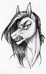 Size: 580x935 | Tagged: safe, artist:dementra369, oc, oc only, oc:ruby drop, pony, angry, ballpoint pen, black and white, bust, fangs, female, frown, grayscale, gritted teeth, mare, monochrome, portrait, sketch, solo, traditional art