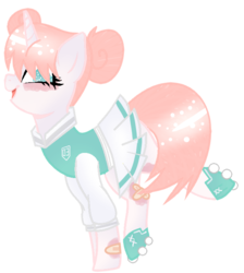 Size: 612x684 | Tagged: safe, artist:lullabyprince, artist:space--paws0w0, oc, oc only, oc:rolla derbi, pony, unicorn, bandaid, base used, bruised, clothes, cute, female, hair bun, jacket, mare, open mouth, pleated skirt, raised hoof, roller skates, shoes, simple background, skirt, solo, transparent background, varsity jacket