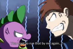Size: 3751x2551 | Tagged: safe, artist:chiptunebrony, spike, g4, alonzo, angry, anime, argument, faic, fake screencap, funny, high res, subtitles, trigun, vein bulge