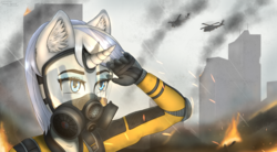 Size: 5454x3000 | Tagged: safe, artist:mintjuice, oc, oc only, oc:hazy mirage, unicorn, anthro, anthro oc, building, city, female, fire, gas mask, ground, helicopter, mare, mask, rain, smoke, ych result