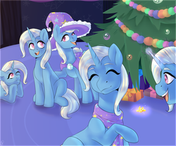 Size: 3000x2500 | Tagged: safe, artist:tigra0118, trixie, pony, unicorn, g4, cape, christmas, christmas tree, clothes, commission, eyes closed, female, hat, high res, holiday, mare, multeity, tree, trixie army, trixie's cape, trixie's hat