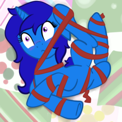 Size: 2100x2100 | Tagged: safe, artist:lannielona, oc, oc only, oc:delly, pony, blushing, bondage, cute, helpless, high res, show accurate, silly, silly pony, tangled up, unsexy bondage, ych result