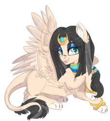 Size: 2333x2570 | Tagged: safe, artist:malicious-demi, oc, oc only, original species, pegasus, pony, sphinx pony, bangles, bracelet, claws, coat markings, colored paws, crown, diadem, eyeshadow, female, green eyes, grey hair, high res, jewelry, leonine tail, looking right, makeup, mare, necklace, open mouth, paws, prone, raised hoof, regalia, simple background, smiling, smug, socks (coat markings), solo, spread wings, tiara, transparent background, wings