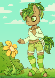 Size: 1668x2348 | Tagged: safe, artist:breeoche, oc, oc only, oc:evergreen breeze, earth pony, anthro, unguligrade anthro, bow, clothes, female, flower, hair bow, socks, solo, standing, stockings, striped socks, tail bow, thigh highs