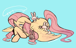 Size: 1956x1246 | Tagged: safe, artist:waackery, fluttershy, pegasus, pony, rabbit, g4, blue background, comforting, crying, cute, female, floppy ears, lidded eyes, mare, prone, sad, shyabetes, simple background, solo, spread wings, teary eyes, wings