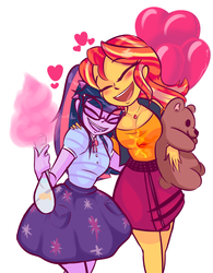 Size: 1681x2152 | Tagged: safe, artist:femujoshi, sci-twi, sunset shimmer, twilight sparkle, fish, goldfish, equestria girls, equestria girls specials, g4, my little pony equestria girls: better together, my little pony equestria girls: rollercoaster of friendship, balloon, blushing, busty sunset shimmer, cotton candy, cuddling, cute, duo, eyes closed, female, geode of empathy, geode of telekinesis, happy, heart, heart balloon, lesbian, magical geodes, shimmerbetes, ship:sci-twishimmer, ship:sunsetsparkle, shipping, simple background, teddy bear, twiabetes