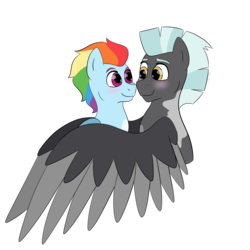 Size: 1280x1280 | Tagged: safe, artist:itstechtock, rainbow dash, thunderlane, pony, g4, alternate hairstyle, blushing, female, hug, male, shipping, simple background, straight, thunderdash, transparent background, winghug