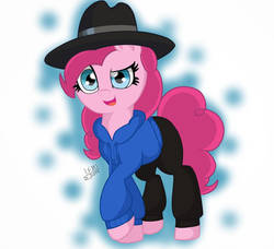 Size: 1024x932 | Tagged: safe, artist:cyanyeh, pinkie pie, earth pony, pony, g4, clothes, cute, diapinkes, female, hat, hoodie, looking at you, pants, ponies wearing black, raised hoof, rapper pie, smiling, solo