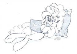 Size: 1024x725 | Tagged: safe, artist:cyanyeh, pinkie pie, earth pony, pony, g4, computer, ear fluff, female, grayscale, laptop computer, monochrome, on back, pillow, simple background, smiling, solo, white background