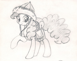 Size: 900x706 | Tagged: safe, artist:maytee, pinkie pie, earth pony, pony, g4, the lost treasure of griffonstone, female, grayscale, hat, monochrome, pencil drawing, raised hoof, saddle bag, simple background, smiling, solo, traditional art, white background