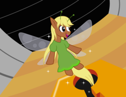 Size: 3300x2550 | Tagged: safe, artist:badumsquish, derpibooru exclusive, quarter hearts, fairy, g4, antennae, clothes, crossdressing, door, dress, flying, happy, high res, keyhole, long mane, low angle, male, micro, open mouth, palace, perspective, solo, sparkles, species swap, spell, the legend of zelda, transformation, wings, zelda ii: the adventure of link