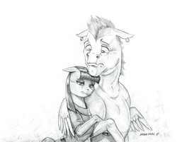 Size: 1400x1126 | Tagged: safe, artist:baron engel, bulk biceps, maud pie, earth pony, pony, g4, comforting, ear piercing, earring, female, grayscale, jewelry, male, mare, monochrome, pencil drawing, piercing, sad, simple background, sketch, stallion, traditional art, white background, wing hold