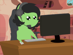 Size: 1410x1080 | Tagged: safe, artist:dsiak, oc, oc only, oc:filly anon, earth pony, pony, animated, computer, computer mouse, female, filly, gaming, gif, golden oaks library, keyboard, pointy ponies, solo