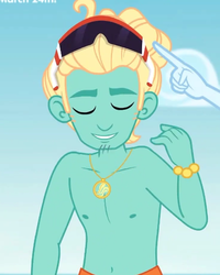 Size: 412x514 | Tagged: safe, screencap, rainbow dash, zephyr breeze, blue crushed, equestria girls, equestria girls series, g4, arms, bare arms, clothes, cropped, eyes closed, jewelry, male, male nipples, manbun, necklace, nipples, offscreen character, partial nudity, sunglasses, topless, zephyr's necklace