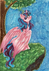 Size: 804x1162 | Tagged: safe, artist:neobubbles, princess flurry heart, alicorn, pony, g4, female, grass, large wings, looking up, mare, night, night sky, older, sitting, sky, solo, stargazing, starry night, traditional art, tree, wings