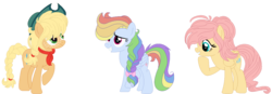 Size: 1272x441 | Tagged: safe, artist:bezziie, applejack, fluttershy, rainbow dash, pony, g4, alternate hairstyle, simple background, swapped cutie marks, transparent background