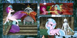 Size: 3072x1536 | Tagged: safe, edit, editor:lonecoat84, pinkie pie, princess skystar, queen novo, silverstream, hippogriff, seapony (g4), zora, g4, my little pony: the movie, season 8, what lies beneath, aunt and niece, cousins, female, lesbian, mother and daughter, portrayed by ponies, ship:skypie, shipping, the legend of zelda, the legend of zelda: ocarina of time, wallpaper, wallpaper edit