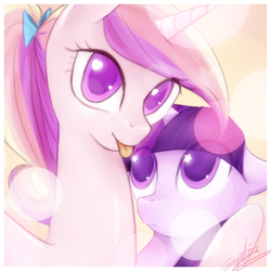 Size: 2000x2000 | Tagged: safe, artist:crystalsonatica, princess cadance, twilight sparkle, alicorn, pony, unicorn, g4, :p, bow, confused, cute, cutedance, female, filly, floppy ears, frown, hair bow, heart eyes, high res, hug, looking at you, looking up, mare, ponytail, selfie, signature, silly, smiling, starry eyes, teen princess cadance, tongue out, twiabetes, unicorn twilight, wingding eyes