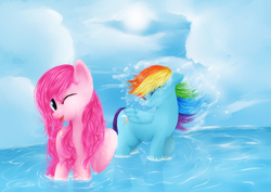 Size: 4961x3508 | Tagged: safe, artist:crystalsonatica, pinkie pie, rainbow dash, earth pony, pegasus, pony, g4, duo, duo female, eyes closed, female, ocean, one eye closed, open mouth, wet mane