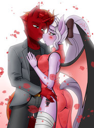 Size: 1870x2550 | Tagged: safe, artist:chacrawarrior, oc, oc only, oc:firefall, oc:violet thorn, bat pony, unicorn, anthro, anthro oc, ass, bat pony oc, blushing, bow, breasts, butt, cheongsam, clothes, commission, couple, female, hair bow, hand on hip, lidded eyes, looking at each other, male, mare, oc x oc, pants, shipping, shirt, stallion, straight, viofall