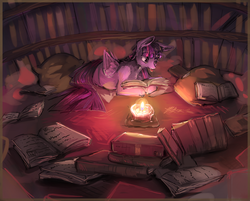 Size: 1283x1031 | Tagged: safe, artist:mequiloano, twilight sparkle, alicorn, pony, g4, :p, book, bookshelf, candle, female, mare, pillow, reading, silly, solo, tongue out, twilight sparkle (alicorn)