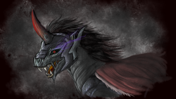 Size: 1280x720 | Tagged: safe, artist:turbosolid, king sombra, pony, unicorn, g4, abstract background, alternate design, black sclera, fangs, male, red eyes, redesign, sharp teeth, solo, sombra eyes, teeth