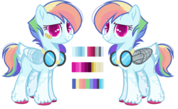 Size: 1776x1088 | Tagged: safe, artist:kookiechanxwx, rainbow dash, pony, g4, alternate design, amputee, artificial wings, augmented, female, goggles, mechanical wing, prosthetic limb, prosthetic wing, prosthetics, reference sheet, simple background, solo, transparent background, wings