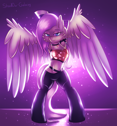 Size: 2000x2150 | Tagged: safe, artist:shad0w-galaxy, fluttershy, pegasus, pony, semi-anthro, g4, arm hooves, armpits, bipedal, clothes, female, high res, k/da, kai'sa, league of legends, mare, smiling, solo, video game crossover