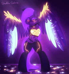 Size: 2000x2150 | Tagged: safe, artist:shad0w-galaxy, fluttershy, pony, g4, armpits, blacklight, female, fluffy, glowing mane, high res, k/da, kai'sa, league of legends, neon, paint, purple background, simple background, smiling, solo, standing, video game crossover, wings