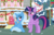 Size: 928x602 | Tagged: safe, artist:themexicanpunisher, trixie, twilight sparkle, alicorn, pony, g4, blushing, christmas, christmas wreath, female, holiday, lesbian, ponyville, ship:twixie, shipping, snow, snowfall, town hall, twilight sparkle (alicorn), wreath