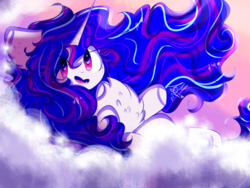 Size: 1024x768 | Tagged: safe, artist:anasflow, rarity, pony, g4, alternate eye color, alternate hairstyle, cloud, female, solo