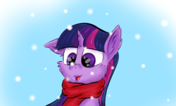Size: 1787x1080 | Tagged: safe, artist:rurihal, twilight sparkle, pony, unicorn, g4, blue background, clothes, ear fluff, female, human lips, lips, mare, scarf, simple background, snow, snowfall, solo, unicorn twilight, winter