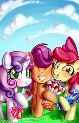 Size: 1600x2500 | Tagged: safe, artist:rrd-artist, apple bloom, scootaloo, sweetie belle, earth pony, pony, g4, bouquet, cloud, cute, cutie mark crusaders, eyes closed, flower, grass, open mouth, smiling