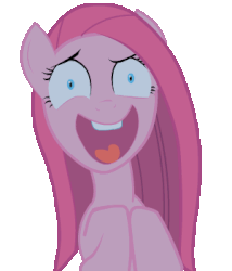 Size: 300x350 | Tagged: safe, artist:talentlessfiend, edit, pinkie pie, earth pony, pony, g4, animated, female, gif, higurashi no naku koro ni, insanity, laughing, looking at you, loop, mare, open mouth, pinkamena diane pie, simple background, solo, transparent background, when the cicadas cry, yandere, yandere pie