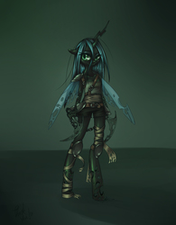 Size: 800x1024 | Tagged: safe, artist:crystalsonatica, queen chrysalis, changeling, changeling queen, anthro, unguligrade anthro, g4, clothes, female, gradient background, knee pads, kusarigama, looking at you, solo, weapon