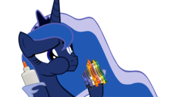 Size: 900x506 | Tagged: safe, artist:2snacks, princess luna, alicorn, pony, two best sisters play, g4, cheek bulge, concerned, crayon, crown, eating, ethereal mane, exploitable meme, female, glue, hoof hold, hoof shoes, jewelry, long mane, mare, meme, pica, princess shoes, puffy cheeks, regalia, shrug, simple background, solo, transparent background, wat