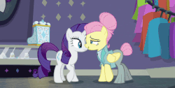Size: 1200x603 | Tagged: safe, screencap, fluttershy, rarity, pegasus, pony, unicorn, fake it 'til you make it, g4, alternate hairstyle, animated, cheek kiss, clothes, duo, eyes closed, female, gif, hair bun, kissing, la bise, mare, out of context, platonic kiss, raised hoof, severeshy, shipping fuel