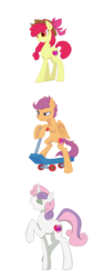 Size: 1024x2731 | Tagged: safe, artist:scape-goats, apple bloom, scootaloo, sweetie belle, earth pony, pegasus, pony, unicorn, g4, bipedal, cutie mark, cutie mark crusaders, eyes closed, female, filly, hat, older, older apple bloom, older scootaloo, older sweetie belle, raised hoof, scooter, simple background, smiling, transparent background, trio, trio female