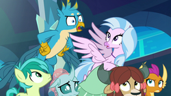 Size: 1280x720 | Tagged: safe, screencap, gallus, ocellus, sandbar, silverstream, smolder, yona, changedling, changeling, dragon, earth pony, griffon, hippogriff, pony, yak, g4, school raze, bow, dragoness, female, hair bow, male, student six, teenager