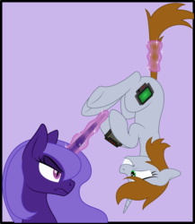 Size: 2551x2938 | Tagged: safe, artist:grypher, derpibooru exclusive, oc, oc only, oc:littlepip, oc:violet gale, alicorn, pony, unicorn, fallout equestria, artificial alicorn, cutie mark, fanfic, fanfic art, female, glowing horn, grin, hanging, high res, holding a pony, hooves, horn, levitation, looking at each other, magic, mare, missing accessory, nervous, pipbuck, purple alicorn (fo:e), simple background, smiling, telekinesis, unamused, upside down, vector