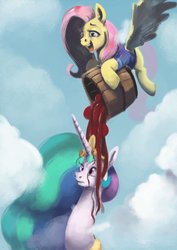 Size: 752x1063 | Tagged: safe, artist:toisanemoif, fluttershy, princess celestia, alicorn, pegasus, pony, g4, barrel, cloud, duo, female, flutterbitch, hoof hold, liquid, mare, spill, spread wings, this will end in tears and/or a journey to the moon, wings