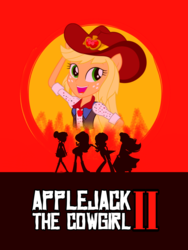 Size: 1500x2000 | Tagged: safe, edit, applejack, fluttershy, sci-twi, starlight glimmer, sunset shimmer, twilight sparkle, dance magic, equestria girls, equestria girls specials, g4, beautiful, cowboy hat, cowgirl, cute, game cover, hat, jackabetes, parody, red dead redemption 2, silhouette, stetson, sunset, woman