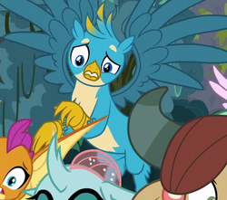 Size: 502x443 | Tagged: safe, screencap, gallus, ocellus, silverstream, smolder, yona, changedling, changeling, dragon, griffon, yak, g4, school daze, chest fluff, claws, cropped, dragoness, female, male, offscreen character, wings